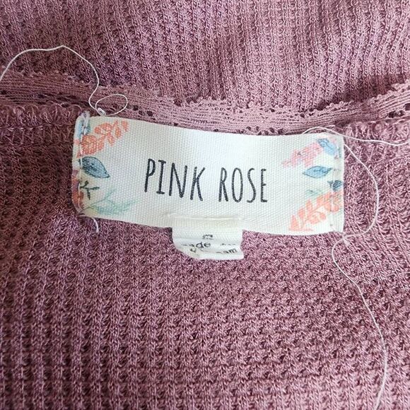 Pink Rose Dusty Mauve Waffle Knit Lace Neckline & Lettuce Hem Blouse (S) - Picture 6 of 6